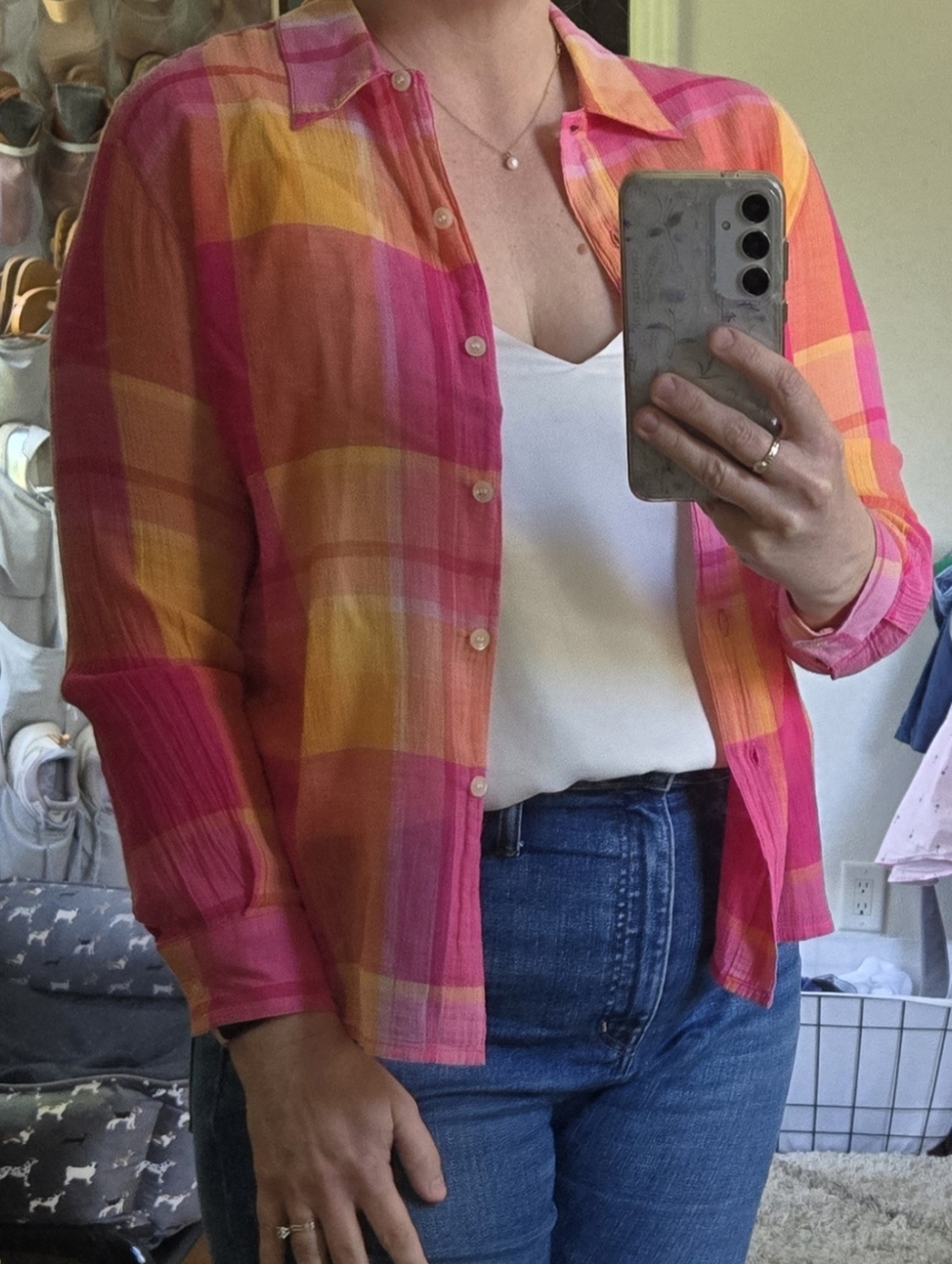 Liz Claiborne Pink and Orange Plaid Cotton Button-Up